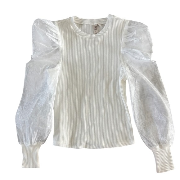 Anthropologie Dolan Sheer Puff Sleeve Ribbed Top Sweater Organza Ivory White‎ S - Picture 6 of 15
